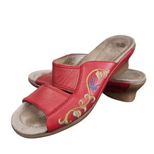 Dansko Wedge Sandals Sz 37 US 6.5 - 7 Red Double Strap Floral Embroidered